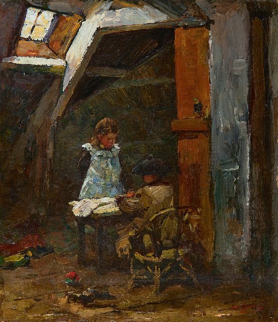 Zwart W.H.P.J. de | Prentjes kijken: de kinderen van de schilder, olieverf op doek op board 33,4 x 29,5 cm, gesigneerd r.o.