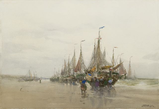 Charles Paul Gruppe | Bomschuiten op het strand, aquarel op papier, 39,5 x 58,7 cm, gesigneerd r.o.