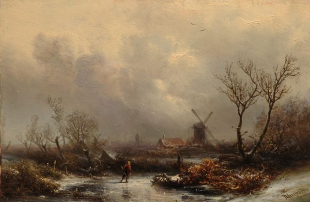 Pieter Kluyver | Schaatser in een winterlandschap, olieverf op paneel, 20,2 x 30,4 cm, gesigneerd r.o.