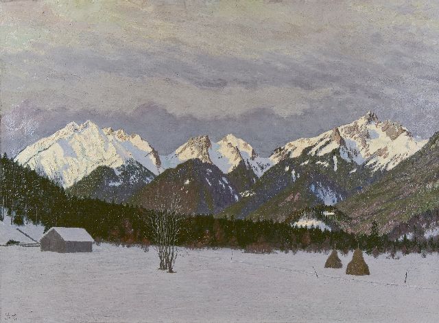 Alexander Weise | Besneeuwd Ammergebergte bij avondlicht, olieverf op doek, 73,5 x 99,8 cm, gesigneerd l.o.