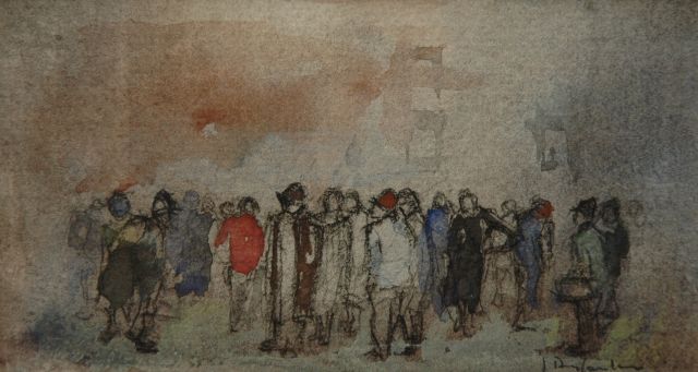 Jan Rijlaarsdam | Figuren op straat, aquarel op papier, 7,9 x 13,5 cm, gesigneerd r.o. en te dateren ca. 1978