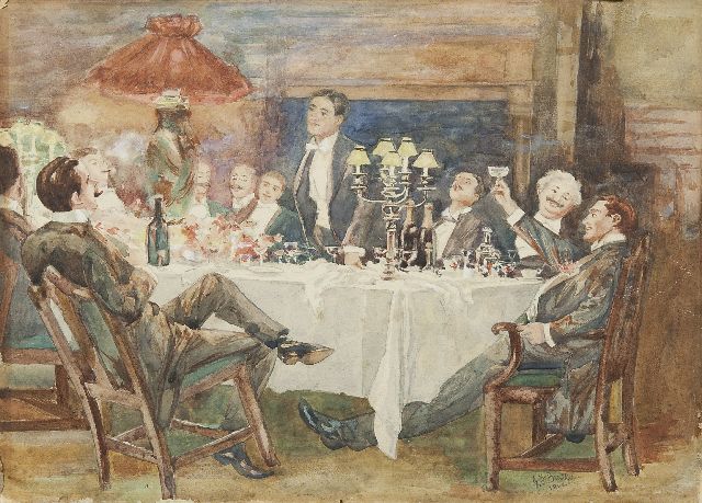 Beattie | Het vrijgezellendiner, aquarel op papier, 25,3 x 35,5 cm, gesigneerd r.o. en gedateerd 1900