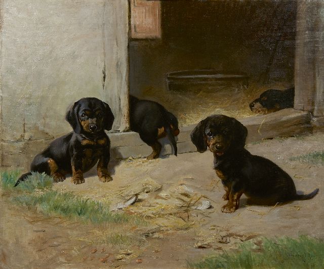 Fridolin Johansen | Jonge teckels bij een schuur, olieverf op doek, 52,3 x 63,0 cm, gesigneerd r.o. en gedateerd '91