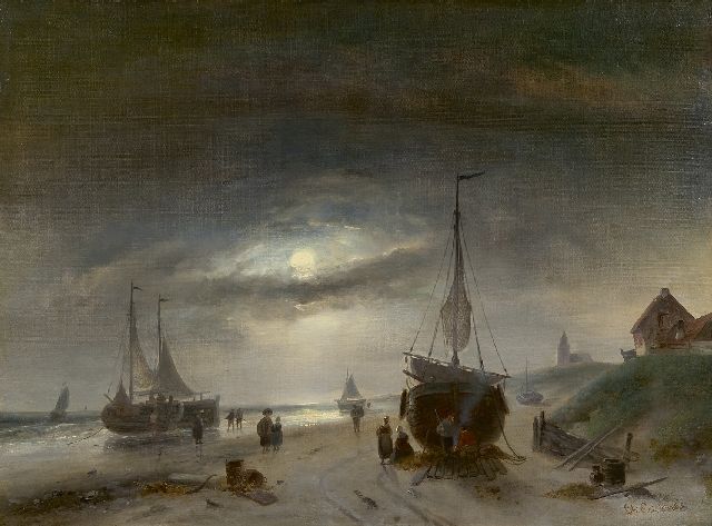 Leickert C.H.J.  | Vissers en schepen op het strand van Scheveningen, bij maanlicht, olieverf op doek 48,6 x 65,6 cm, gesigneerd r.o.