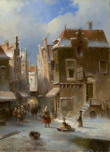 Adriaan Vrolijk | Besneeuwd straatje, olieverf op paneel, 23,2 x 16,8 cm, gesigneerd l.o. en gedateerd '54
