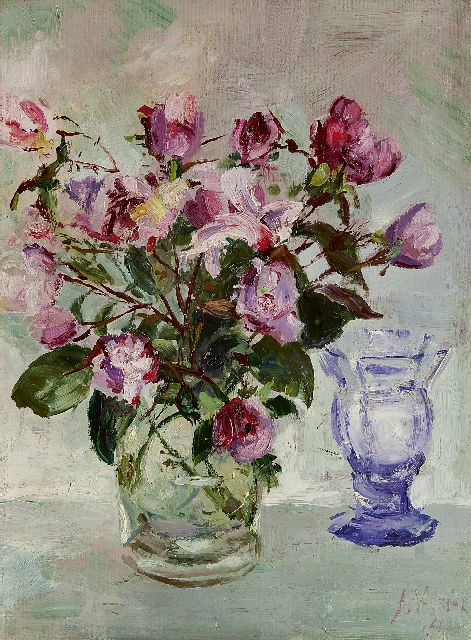 Jan Altink | Trosrozen in glazen vaas, olieverf op doek, 40,0 x 30,0 cm, gesigneerd r.o. en gedateerd '42