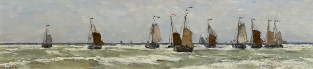 Willem Wenckebach | Uitzeilende bomschuiten, olieverf op paneel, 22,7 x 76,8 cm, gesigneerd r.o. met initialen