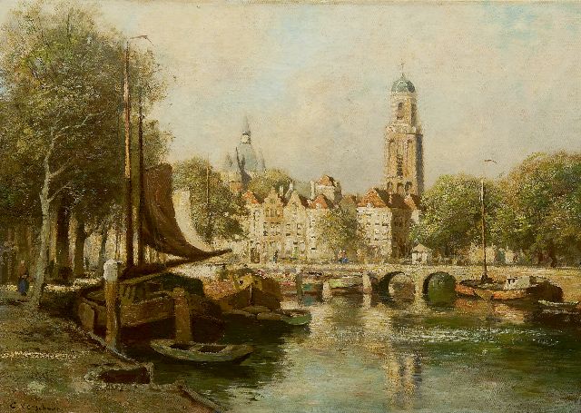 Cor Bouter | Gezicht op Zwolle met de Onze-Lieve-Vrouwetoren ofwel 'Peperbus', olieverf op doek, 50,0 x 70,3 cm, gesigneerd l.o. met pseudoniem 'C. Verschuur'