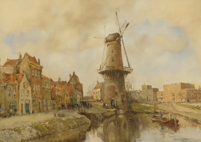 Paradies H.C.A.  | Molen 'De Drie Koornbloemen, Schiedam, aquarel op papier 50,0 x 70,1 cm, gesigneerd r.o.