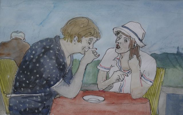 Harm Kamerlingh Onnes | Op het terras, inkt en aquarel op papier, 13,7 x 21,7 cm, gesigneerd l.o. met monogram en gedateerd '80