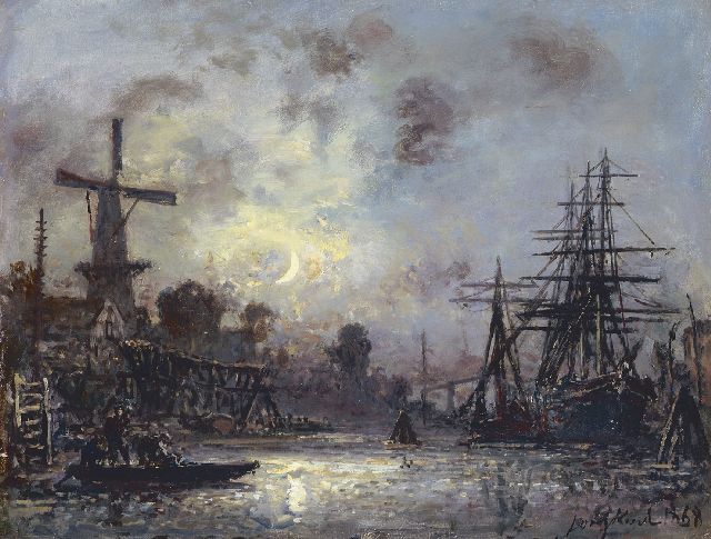 Johan Barthold Jongkind | Clair de Lune, Oud Delfshaven, olieverf op doek op paneel, 33,1 x 43,0 cm, gesigneerd r.o. en gedateerd 1868