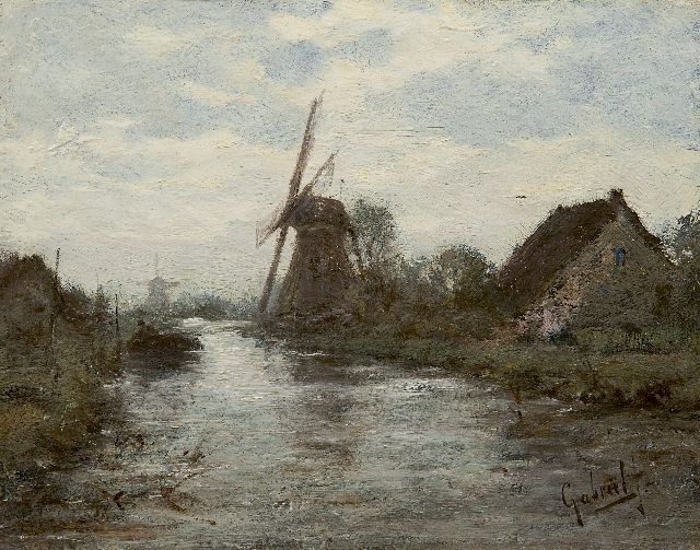 Constan Gabriel | Poldervaart met molens, olieverf op paneel, 18,6 x 23,9 cm, gesigneerd r.o.