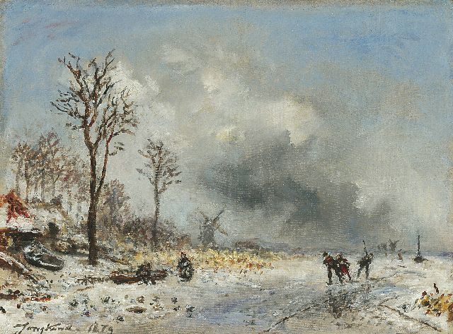 Johan Barthold Jongkind | Schaatsers in de omgeving van Rotterdam, olieverf op doek, 24,7 x 33,0 cm, gesigneerd l.o. en gedateerd 1879