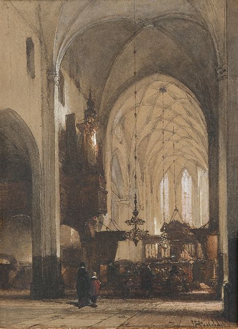 Johannes Bosboom | Kerkdienst in de Grote Kerk te Hattem, aquarel op papier, 49,5 x 36,0 cm, gesigneerd r.o.