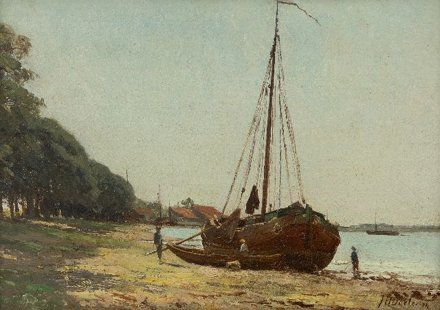 Johan Hendrik Doeleman | Platbodem bij eb, olieverf op paneel, 19,6 x 28,0 cm, gesigneerd r.o.