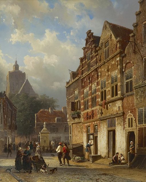 Cornelis Springer | De Koopmanstraat en het Wellerondom in Brielle, olieverf op paneel, 50,1 x 40,0 cm, gesigneerd l.o. voluit en r.o. met monogram en r.o. gedateerd '54