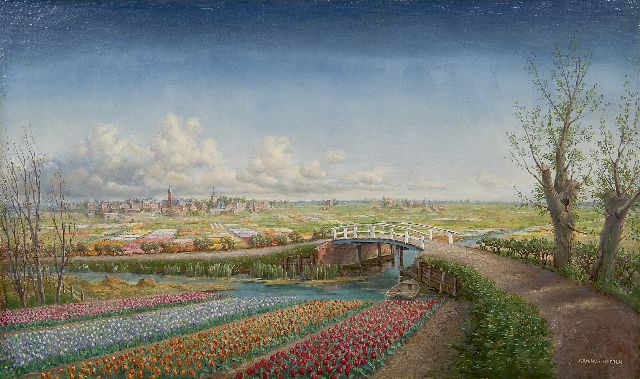 Hugo Berten | Bollenvelden bij Noordwijk-Binnen, olieverf op doek, 47,0 x 77,4 cm, gesigneerd r.o. en te dateren jaren '30/'40
