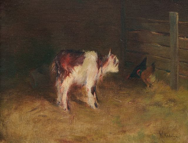 Willem Korteling | Geitje met kip, olieverf op doek, 31,0 x 40,1 cm, gesigneerd r.o.