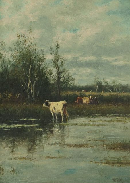 Willem Frederik Hulk | Koeien langs het water, olieverf op doek, 30,6 x 23,0 cm, gesigneerd r.o.