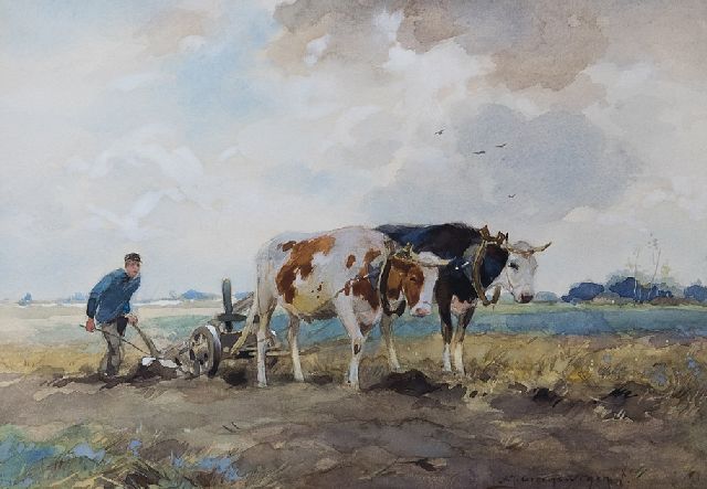 Groenewegen A.J.  | Ploegende boer met ossen, aquarel op papier 19,0 x 26,3 cm, gesigneerd r.o.