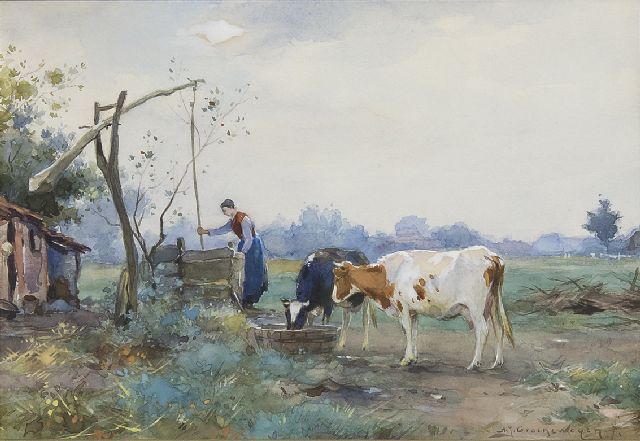 Adriaan Groenewegen | Bij de waterput, aquarel op papier, 17,9 x 26,0 cm, gesigneerd r.o.