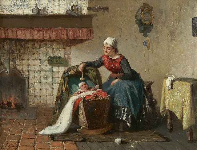 Kool S.C.  | Moeder en kind bij het haardvuur, olieverf op paneel 26,6 x 35,0 cm, gesigneerd l.o. en gedateerd 1881, zonder lijst