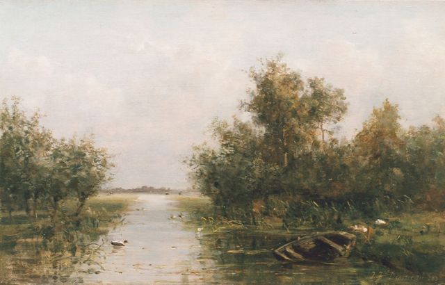 Johannes Josephus Destrée | Poldervaart, olieverf op doek, 33,2 x 52,5 cm, gesigneerd r.o. en gedateerd 1883