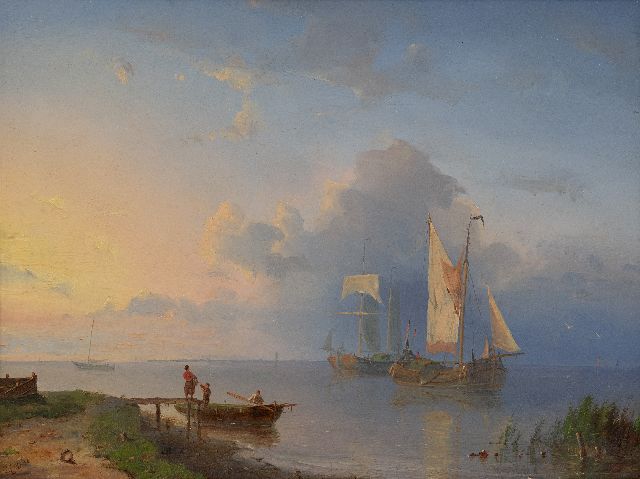 Pieter Cornelis  Dommershuijzen | Rivierlandschap met zeilschepen bij opkomende zon, olieverf op paneel, 22,0 x 32,6 cm, gesigneerd l.o. met initialen en gedateerd '54, zonder lijst