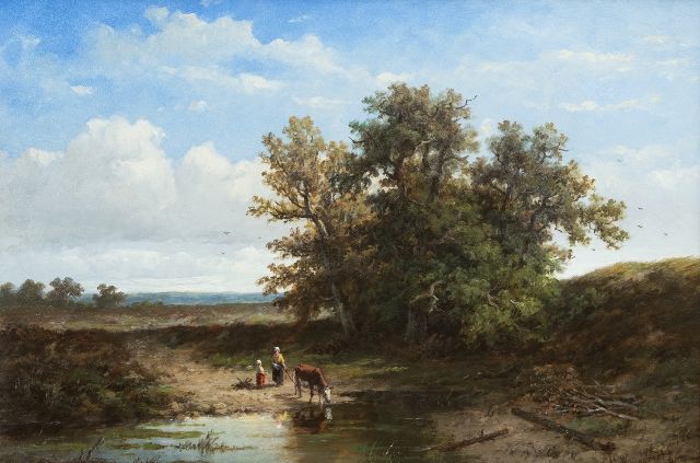 Anthonie Jacobus van Wijngaerdt | Boerin met drinkende koe bij een vennetje, olieverf op doek, 37,2 x 54,4 cm, gesigneerd r.o.