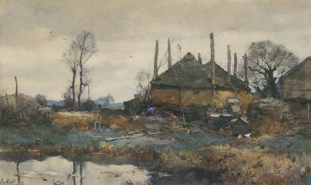 Chris van der Windt | Boerderij aan het water, aquarel en gouache op papier, 42,3 x 70,2 cm, gesigneerd l.o. en gedateerd 1906