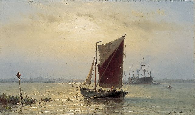 Jan H.B. Koekkoek | Schepen op de Maas bij Rotterdam, olieverf op paneel, 24,9 x 42,2 cm, gesigneerd r.o.