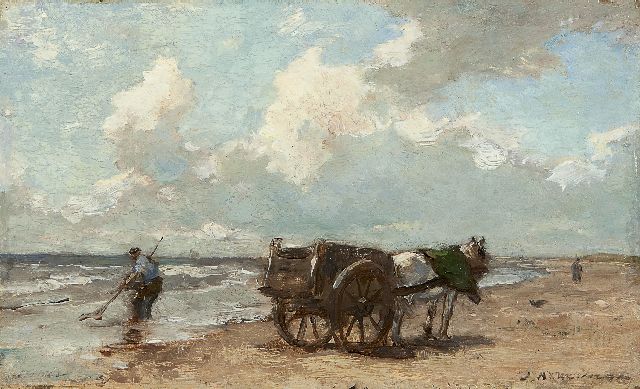 Johannes Evert Akkeringa | Schelpenvisser in de branding, olieverf op paneel, 14,6 x 23,8 cm, gesigneerd r.o.
