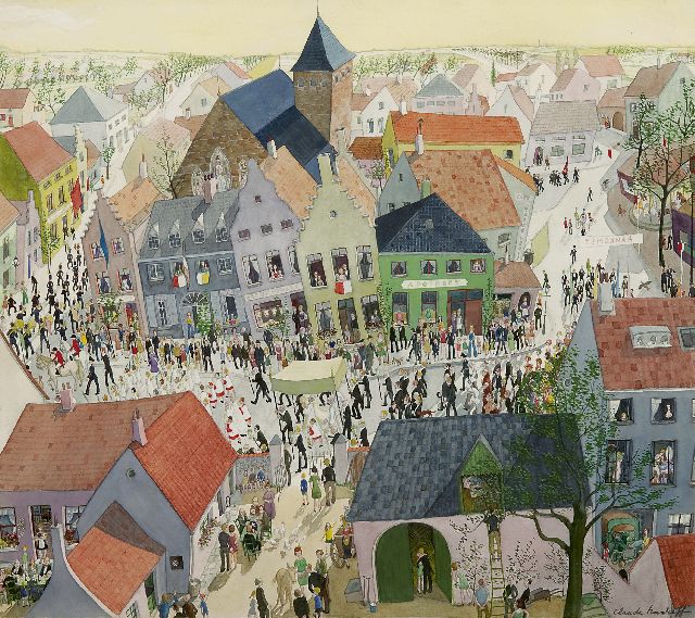 Claude Nanreff | De processie, aquarel op papier, 37,3 x 41,8 cm, gesigneerd r.o.