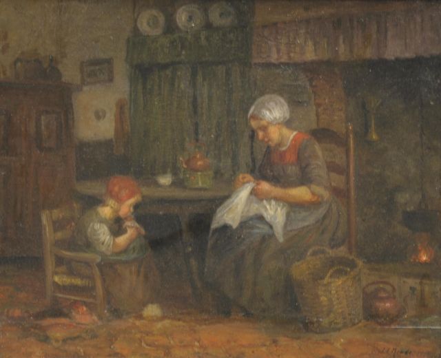 Jules Eduard Mendes | Handwerkende vrouw, olieverf op paneel, 33,9 x 41,3 cm, gesigneerd r.o.