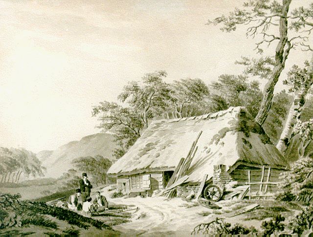 Barend Cornelis Koekkoek | Bij de boerderij, sepia op papier, 18,0 x 23,5 cm, gesigneerd r.o. mon