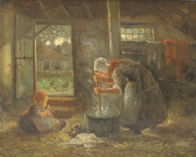 Jules Eduard Mendes | Vrouw roerend in pot, olieverf op paneel, 33,6 x 41,5 cm, gesigneerd r.o.