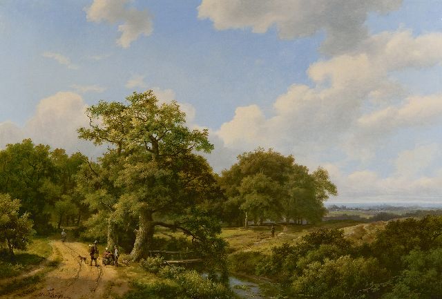 Marinus Adrianus Koekkoek I & Hermanus Koekkoek sr. | Landvolk op een pad langs de bosrand, olieverf op doek, 67,2 x 100,0 cm, gesigneerd l.o. (dubbel) 'M.A. Koekkoek' en gedateerd 1860