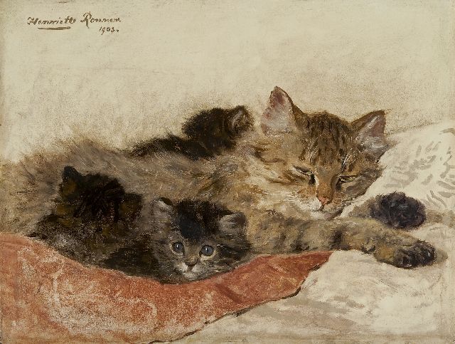Henriette Ronner-Knip | Soezende moederpoes met kittens, olieverf op paneel, 27,9 x 36,5 cm, gesigneerd l.b. en gedateerd 1903