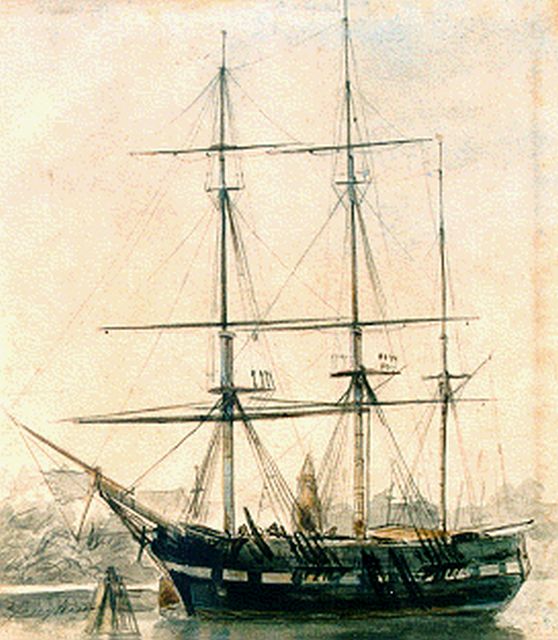 Johan Barthold Jongkind | Driemaster voor anker in de haven van Rotterdam, aquarel op papier, 22,0 x 20,5 cm, gesigneerd l.o. en te dateren ca. 1855-57