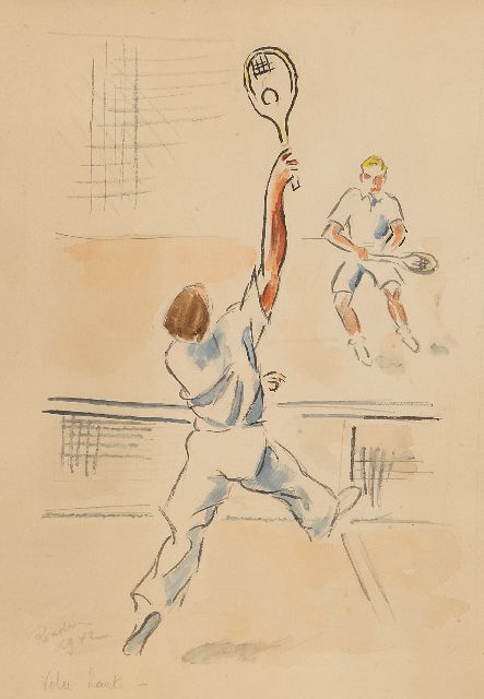 Franse School | Tennisspelers, gemengde techniek op papier, 27,5 x 19,5 cm, gesigneerd l.o. ('Ronde' vaag) en gedateerd 1942