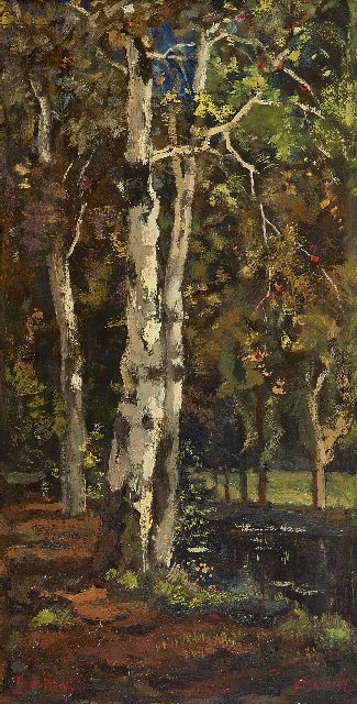 Théophile de Bock | Berken bij een bosbeek, olieverf op paneel, 52,8 x 26,6 cm, gesigneerd l.o. en gedateerd 9 Maart '97