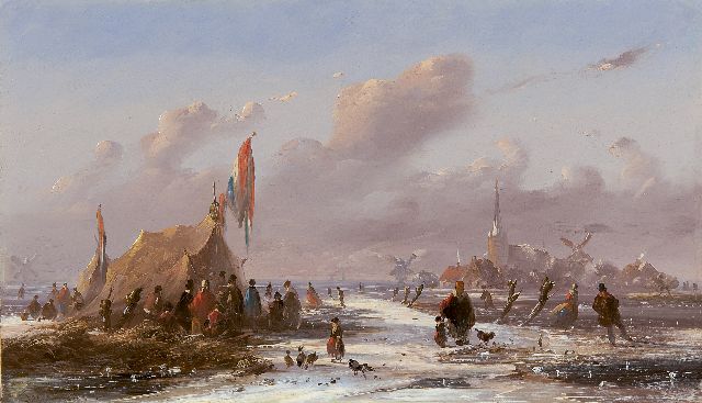 Johannes Tavenraat | IJsgezicht met koek-en-zopie, olieverf op paneel, 20,2 x 34,8 cm, gesigneerd l.o.