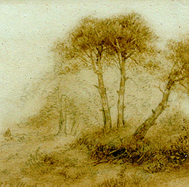 Andreas Schelfhout | Bospad met figuur, sepia op papier, 16,3 x 16,7 cm, gesigneerd l.o.