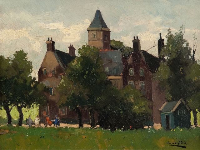 Jan Knikker sr. | Theetijd bij kasteel De Wittenburg, Wassenaar, olieverf op doek, 30,6 x 40,4 cm, gesigneerd r.o. met pseudoniem 'W. Markestein'