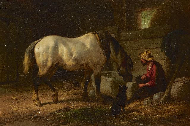 Wouterus Verschuur | Aan de drinkbak, olieverf op paneel, 23,0 x 33,5 cm, gesigneerd l.o.