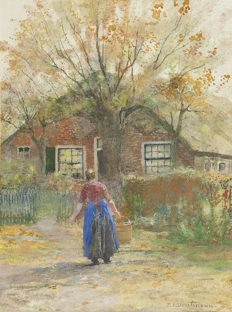 Franz Deutmann | Boerin met houten melkton bij een boerderij, Laren, aquarel op papier, 30,0 x 23,0 cm, gesigneerd r.o.