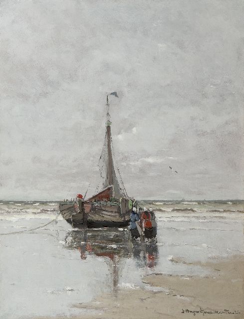 Morgenstjerne Munthe | Vissersvrouwen bij een bom op het strand, olieverf op doek, 75,6 x 57,6 cm, gesigneerd r.o. en gedateerd '22