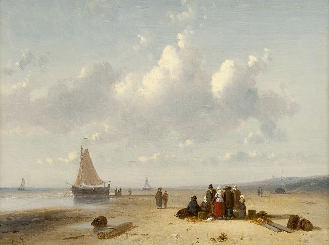 Charles Leickert | Visafslag op het strand, olieverf op doek, 22,2 x 30,1 cm, gesigneerd met initialen l.o.