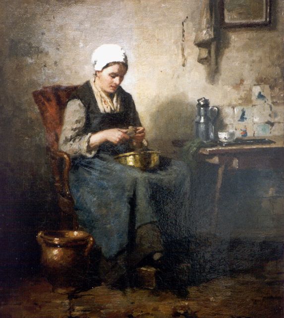 Weiland J.  | Het schillen van de aardappels, olieverf op doek 39,8 x 34,5 cm, gesigneerd l.o.