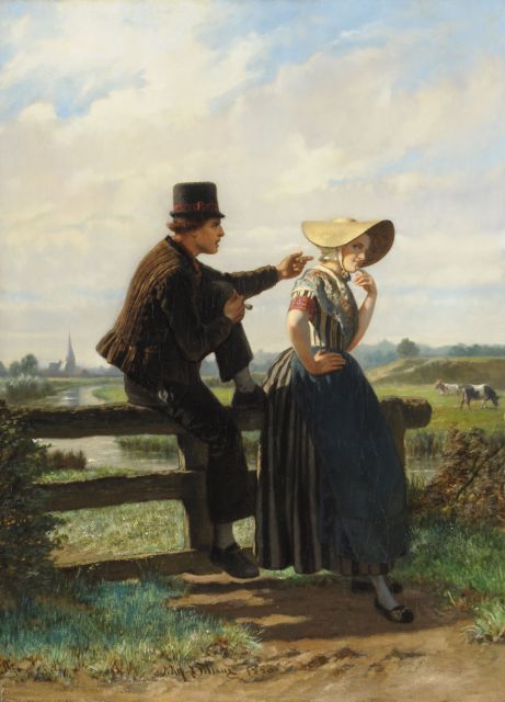 Adolf Dillens | Zeeuwse vrijage, olieverf op paneel, 72,7 x 53,5 cm, gesigneerd m.o. en gedateerd 1858